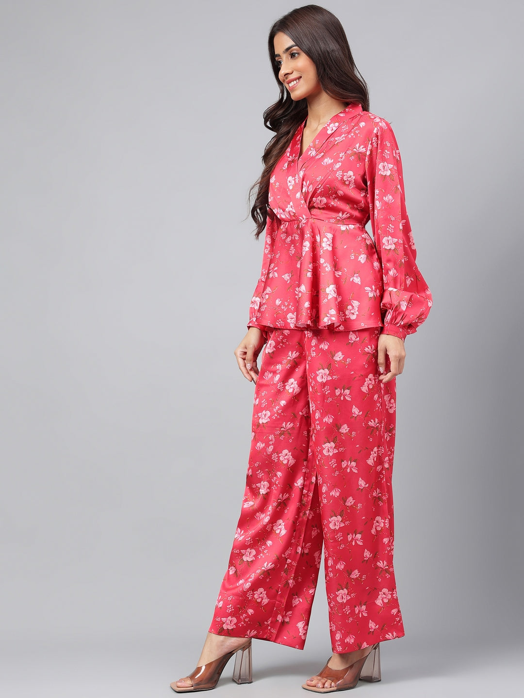 Janasya Women's Red Satin Digital Floral Printed Peplum Party Top Set | Swadesiicart