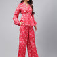 Janasya Women's Red Satin Digital Floral Printed Peplum Party Top Set | Swadesiicart