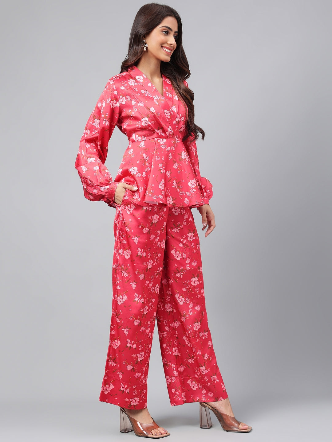 Janasya Women's Red Satin Digital Floral Printed Peplum Party Top Set | Swadesiicart