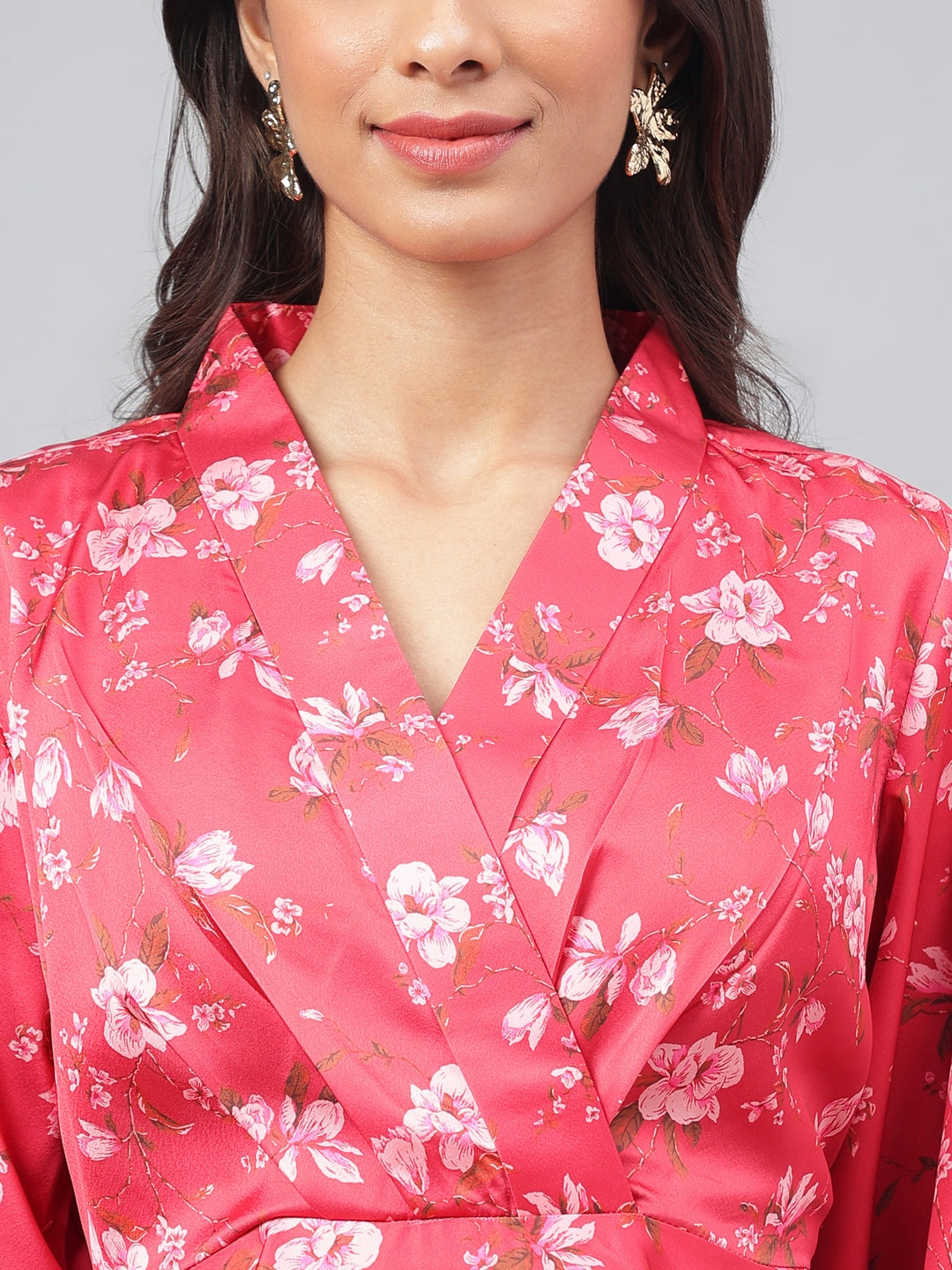 Janasya Women's Red Satin Digital Floral Printed Peplum Party Top Set | Swadesiicart