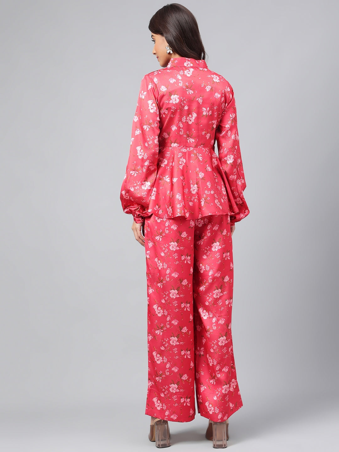 Janasya Women's Red Satin Digital Floral Printed Peplum Party Top Set | Swadesiicart
