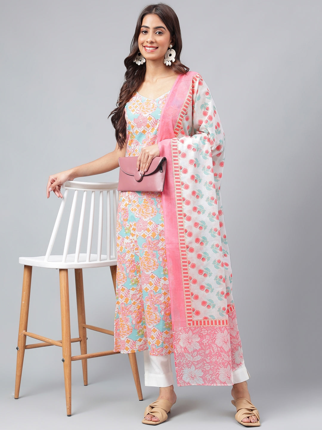 Janasya Women's Multicolor Cotton Floral Printed A-line Party Kurta Set | Swadesiicart