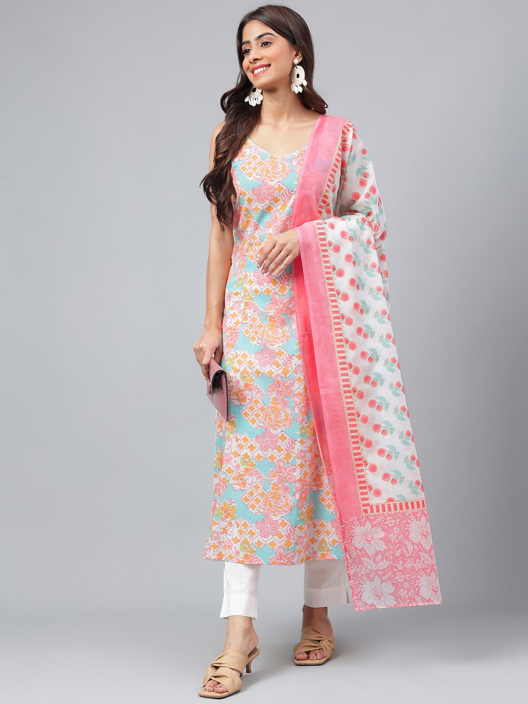 Janasya Women's Multicolor Cotton Floral Printed A-line Party Kurta Set | Swadesiicart