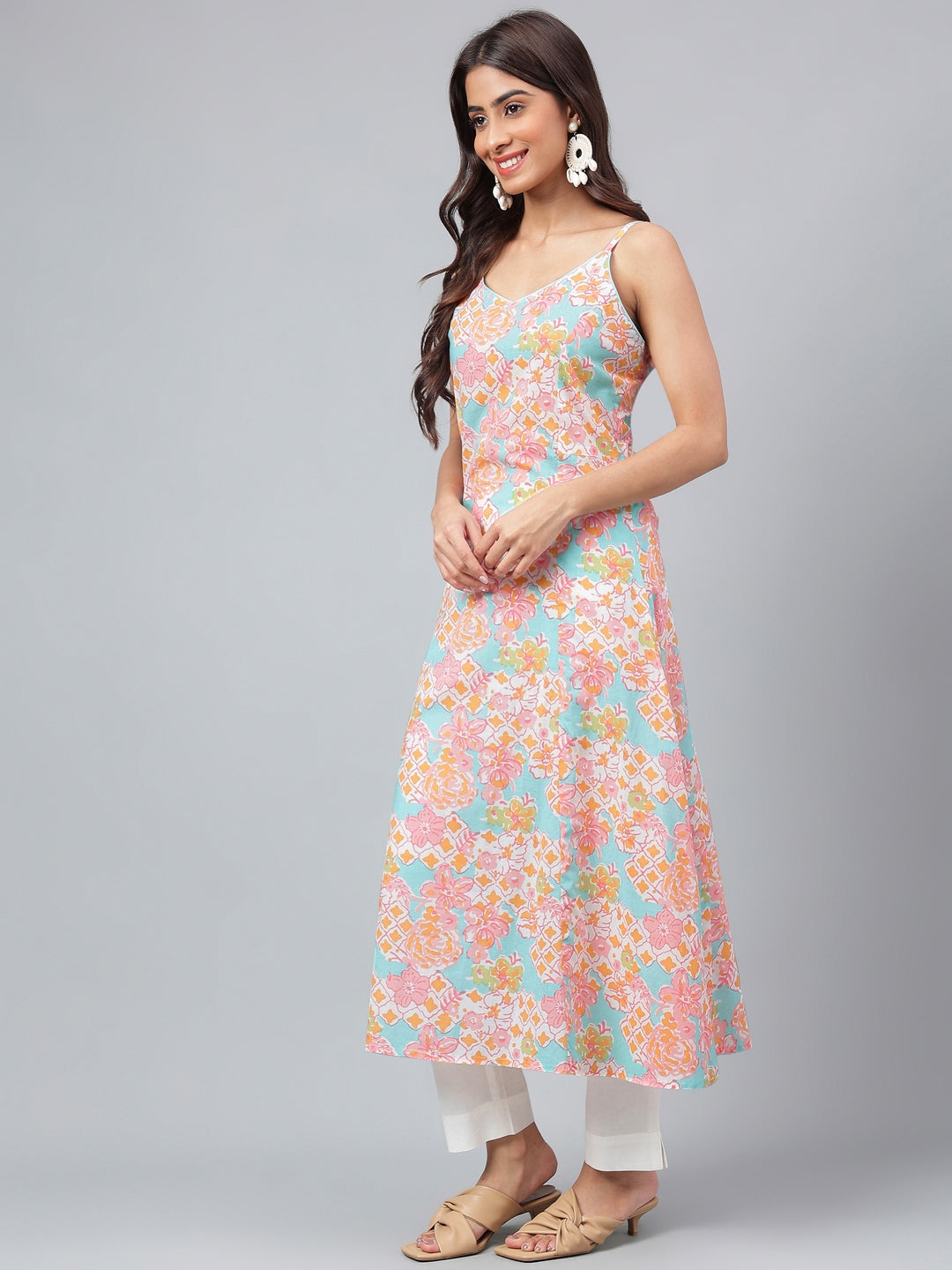 Janasya Women's Multicolor Cotton Floral Printed A-line Party Kurta Set | Swadesiicart