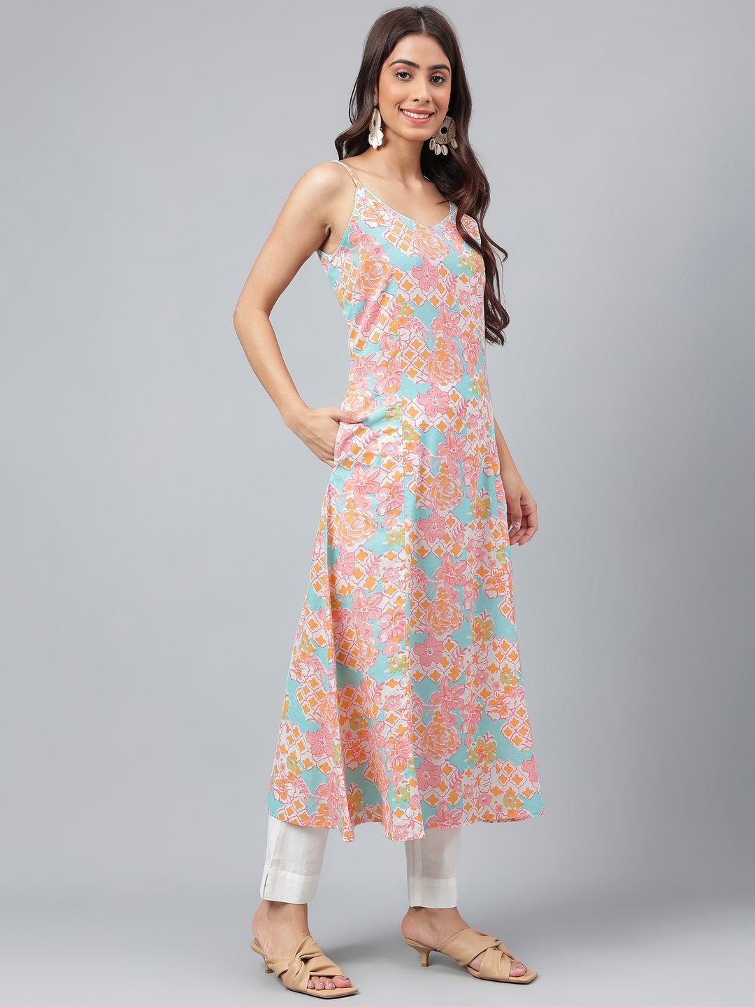 Janasya Women's Multicolor Cotton Floral Printed A-line Party Kurta Set | Swadesiicart
