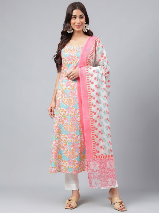 Janasya Women's Multicolor Cotton Floral Printed A-line Party Kurta Set | Swadesiicart