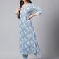 Janasya Women's Light Blue Cotton Floral Printed Straight Casual Kurta Set | Swadesiicart