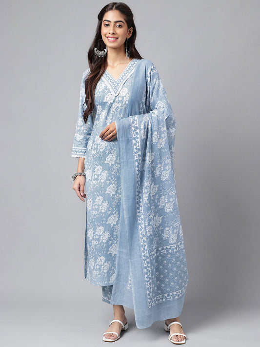 Janasya Women's Light Blue Cotton Floral Printed Straight Casual Kurta Set | Swadesiicart