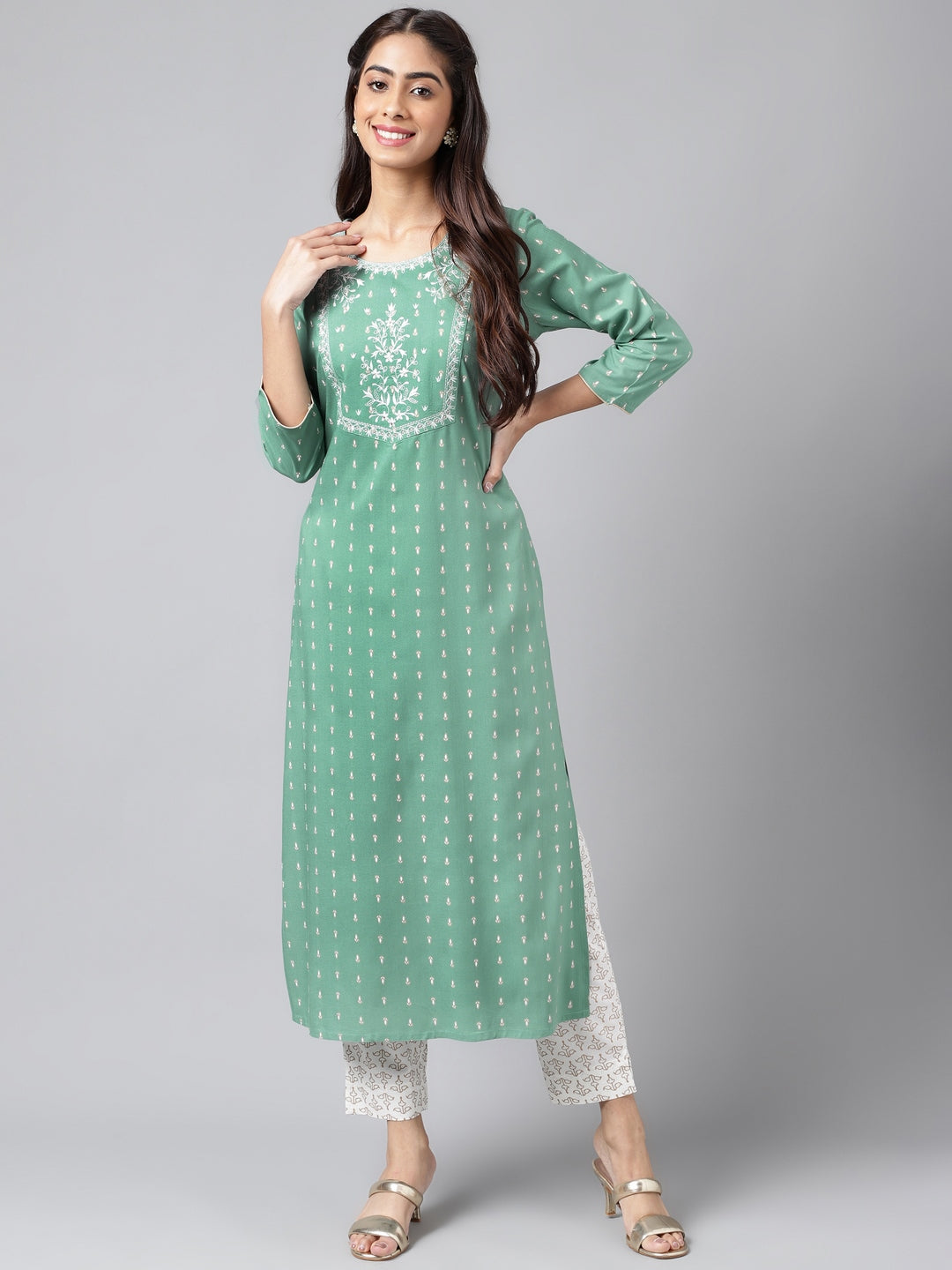 Janasya Women's Green Rayon Yoke Embroidered Straight Casual Kurta Set | Swadesiicart