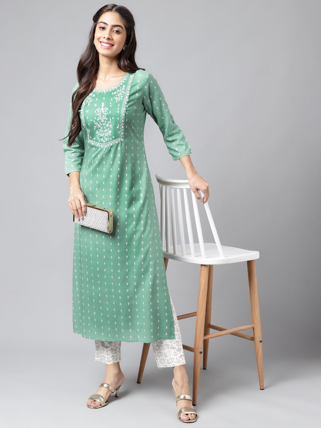 Janasya Women's Green Rayon Yoke Embroidered Straight Casual Kurta Set | Swadesiicart