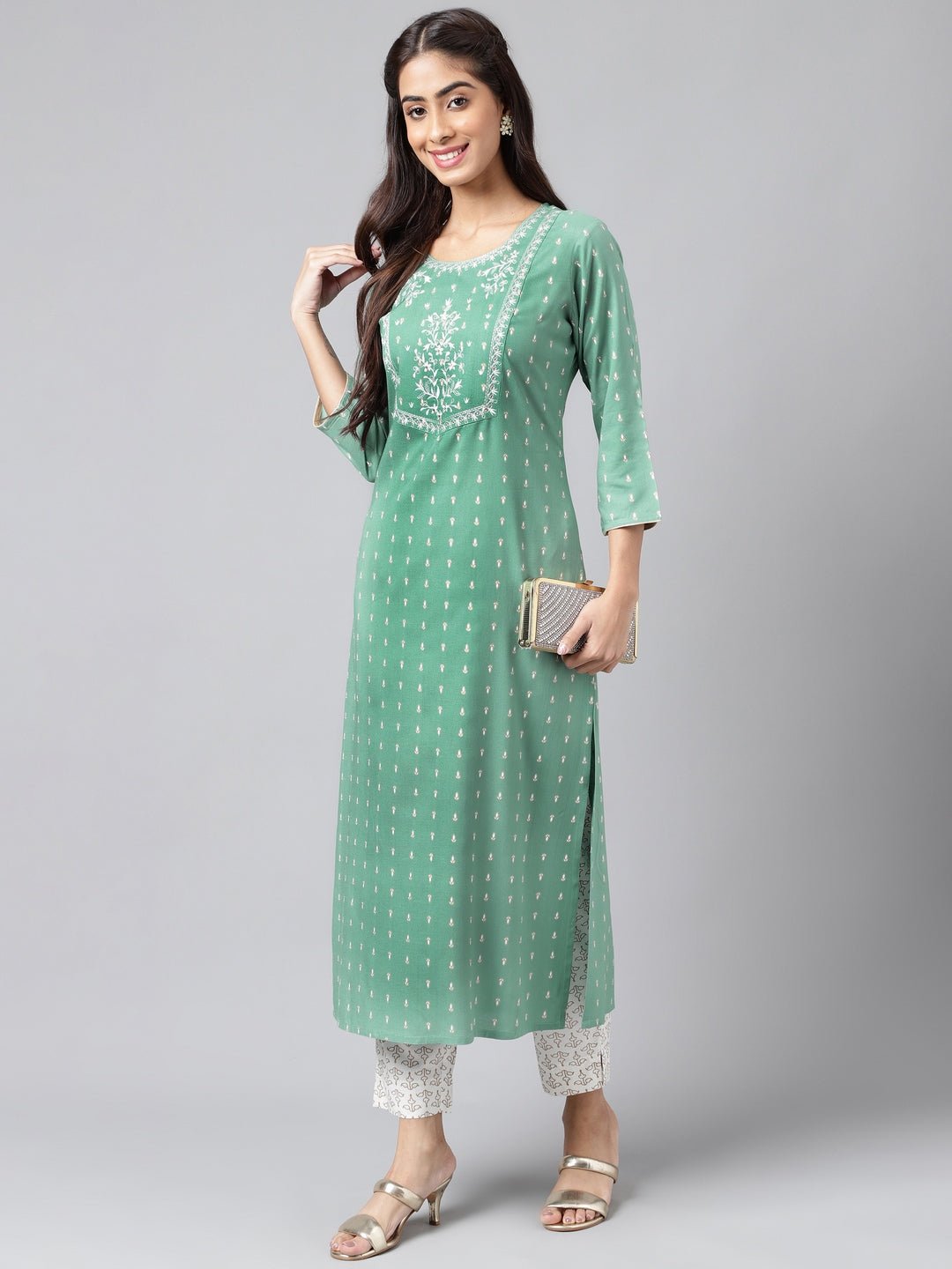 Janasya Women's Green Rayon Yoke Embroidered Straight Casual Kurta Set | Swadesiicart