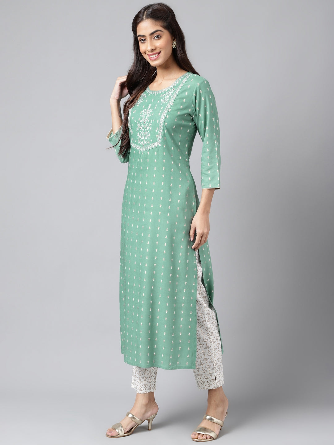 Janasya Women's Green Rayon Yoke Embroidered Straight Casual Kurta Set | Swadesiicart