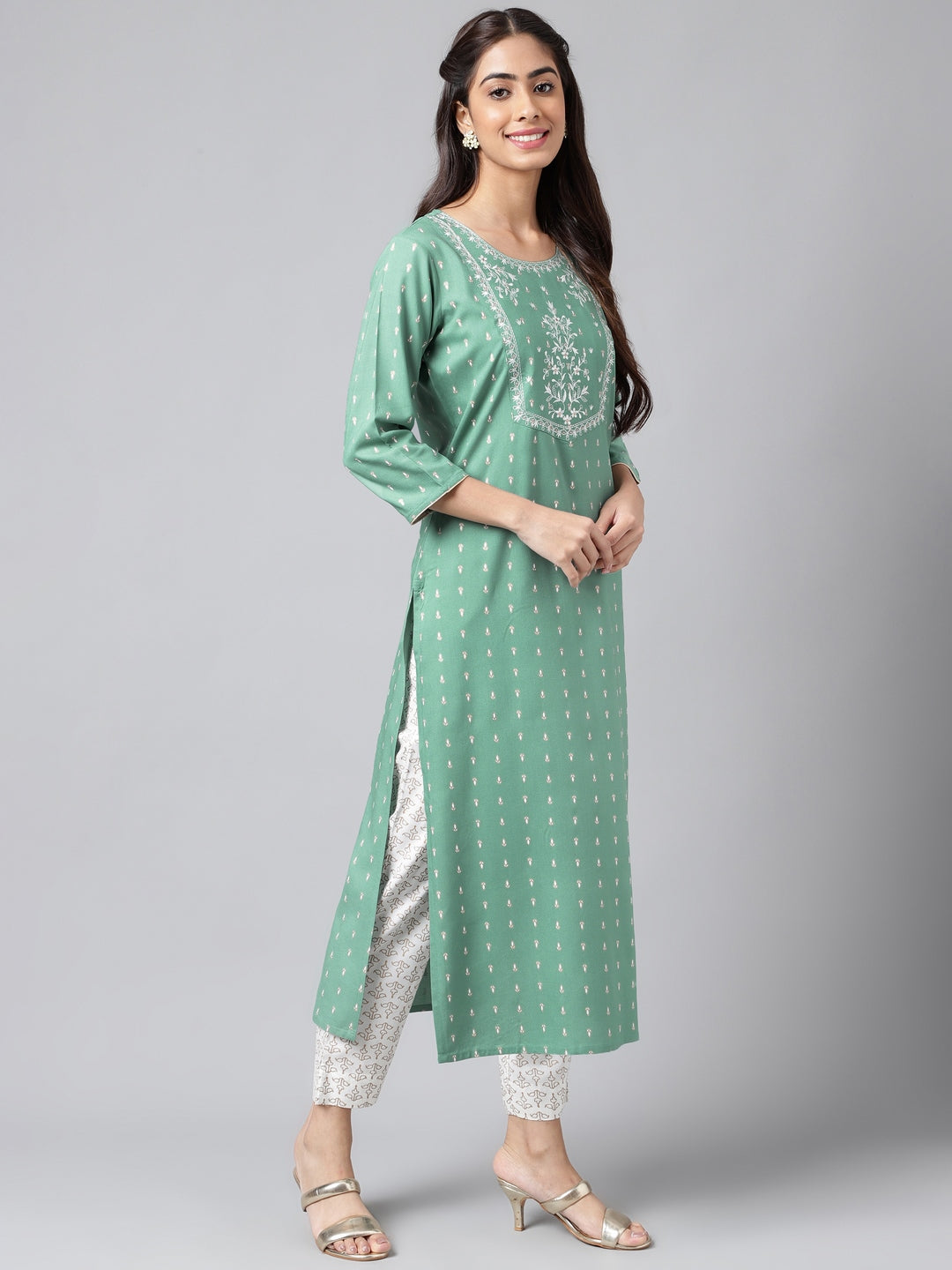 Janasya Women's Green Rayon Yoke Embroidered Straight Casual Kurta Set | Swadesiicart