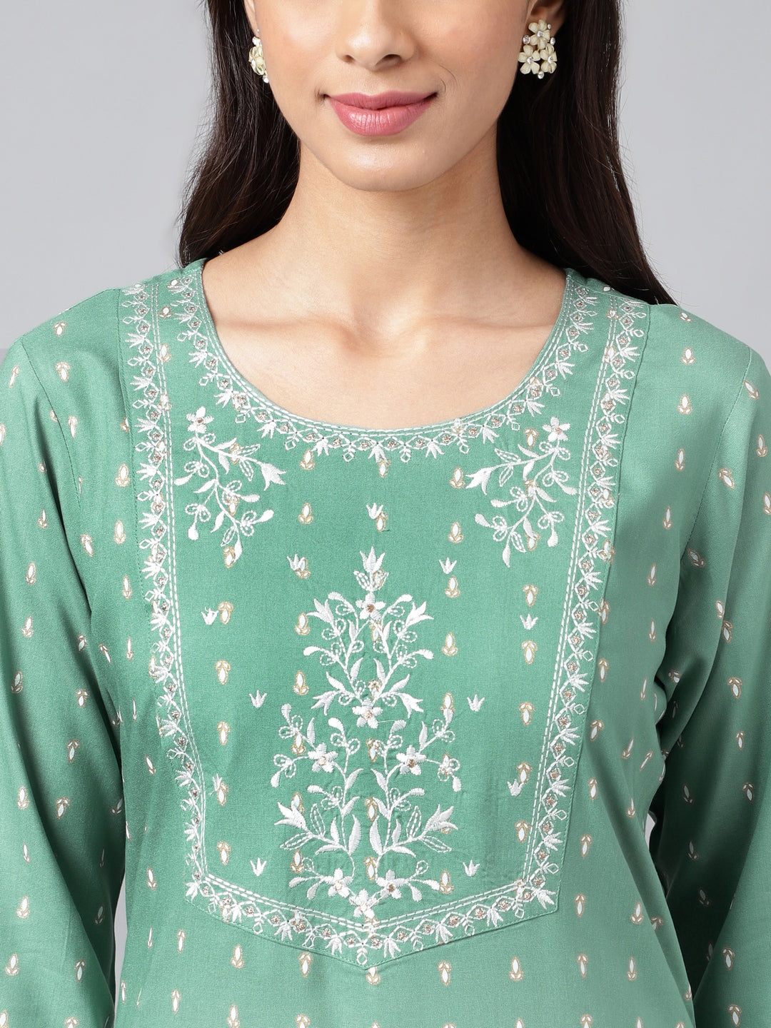 Janasya Women's Green Rayon Yoke Embroidered Straight Casual Kurta Set | Swadesiicart
