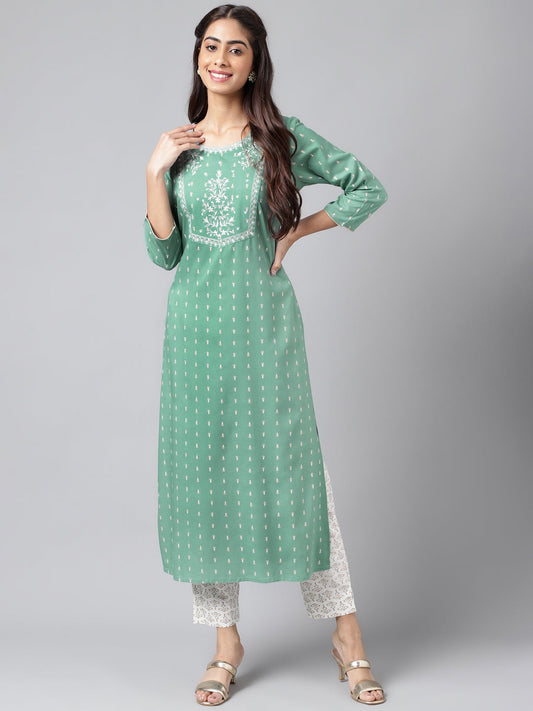 Janasya Women's Green Rayon Yoke Embroidered Straight Casual Kurta Set | Swadesiicart