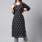Janasya Women's Black Cotton Paisley Printed Straight Casual Kurta Set | Swadesiicart