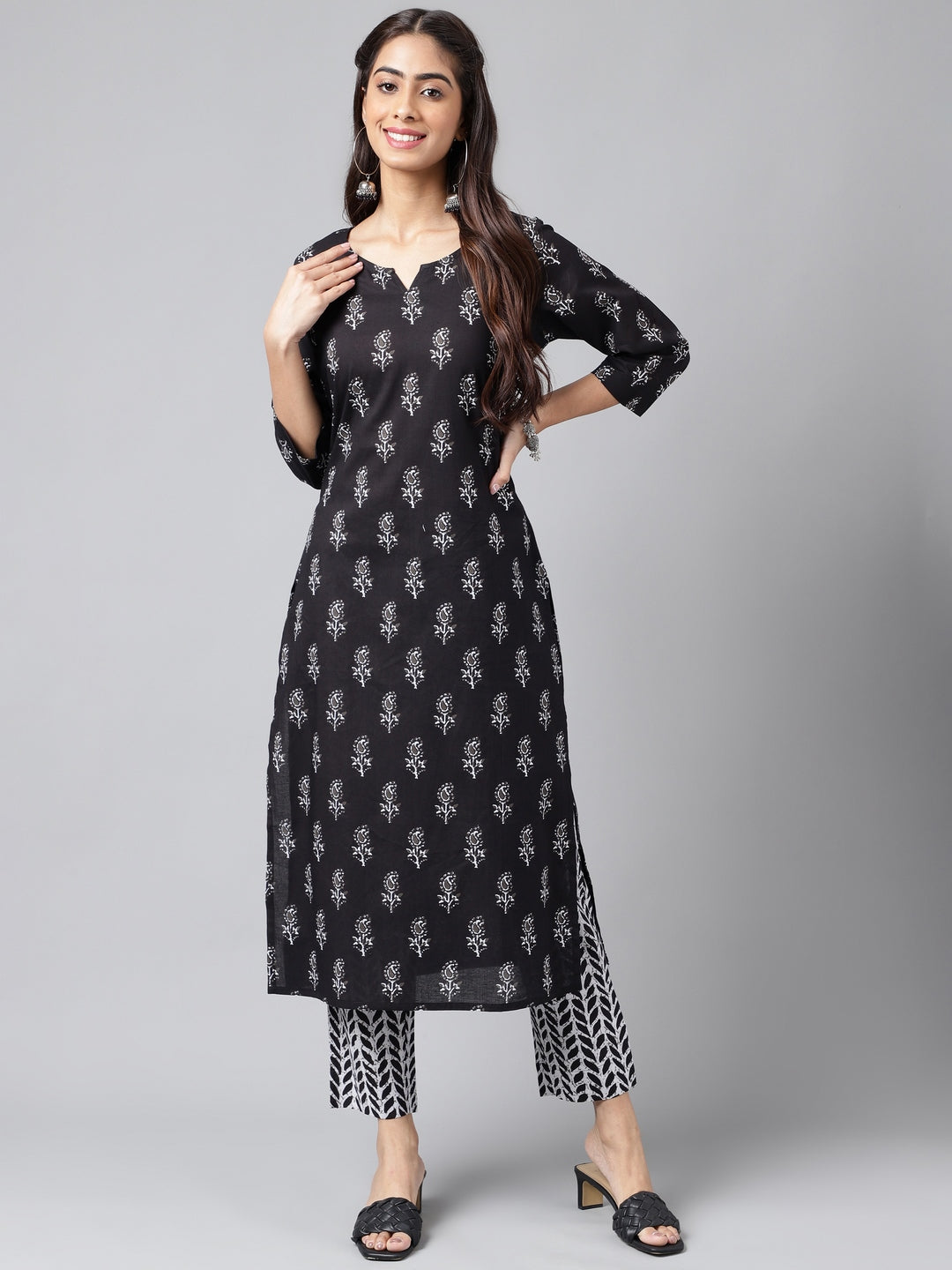 Janasya Women's Black Cotton Paisley Printed Straight Casual Kurta Set | Swadesiicart