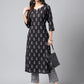 Janasya Women's Black Cotton Paisley Printed Straight Casual Kurta Set | Swadesiicart