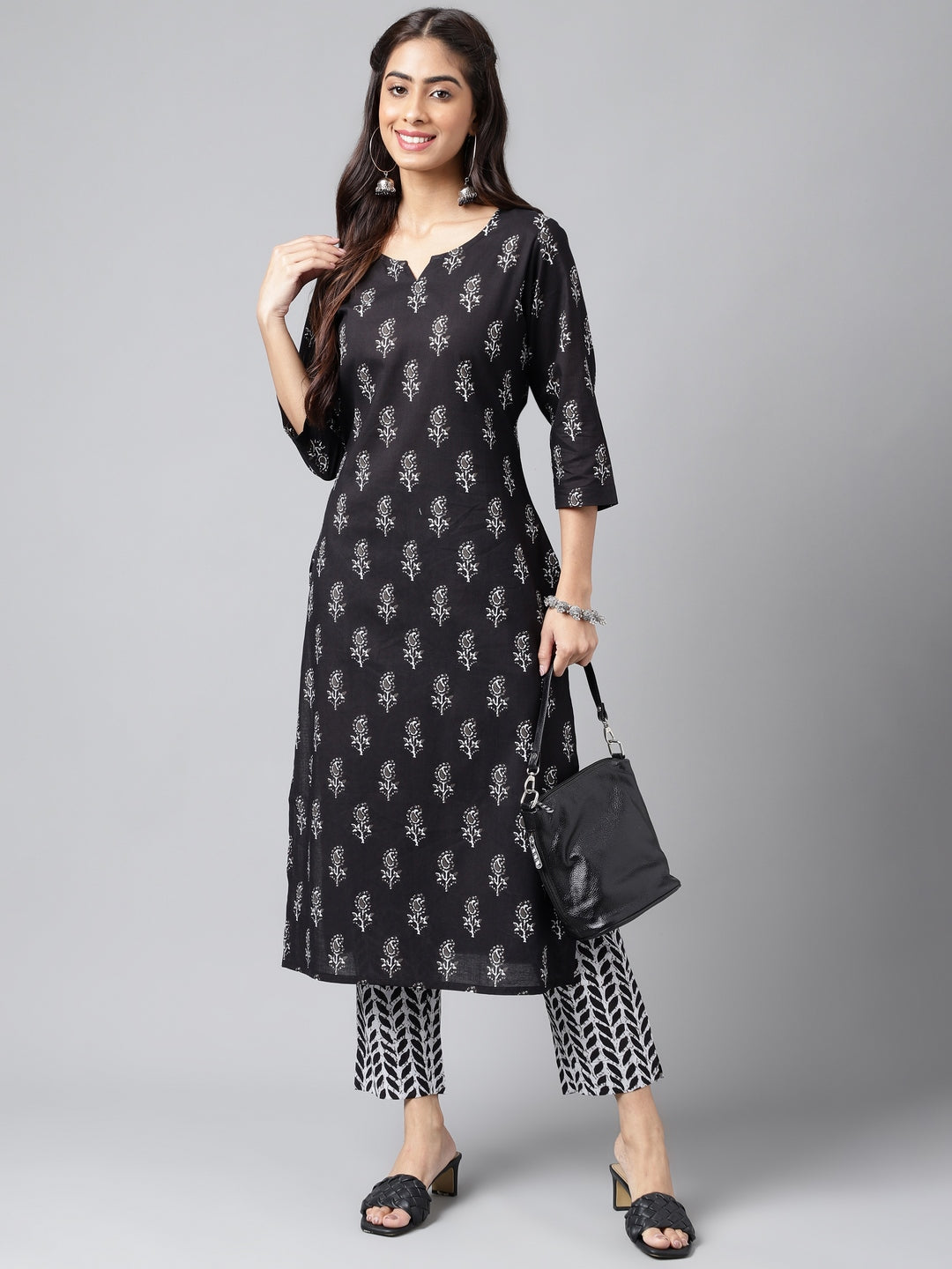Janasya Women's Black Cotton Paisley Printed Straight Casual Kurta Set | Swadesiicart