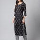 Janasya Women's Black Cotton Paisley Printed Straight Casual Kurta Set | Swadesiicart