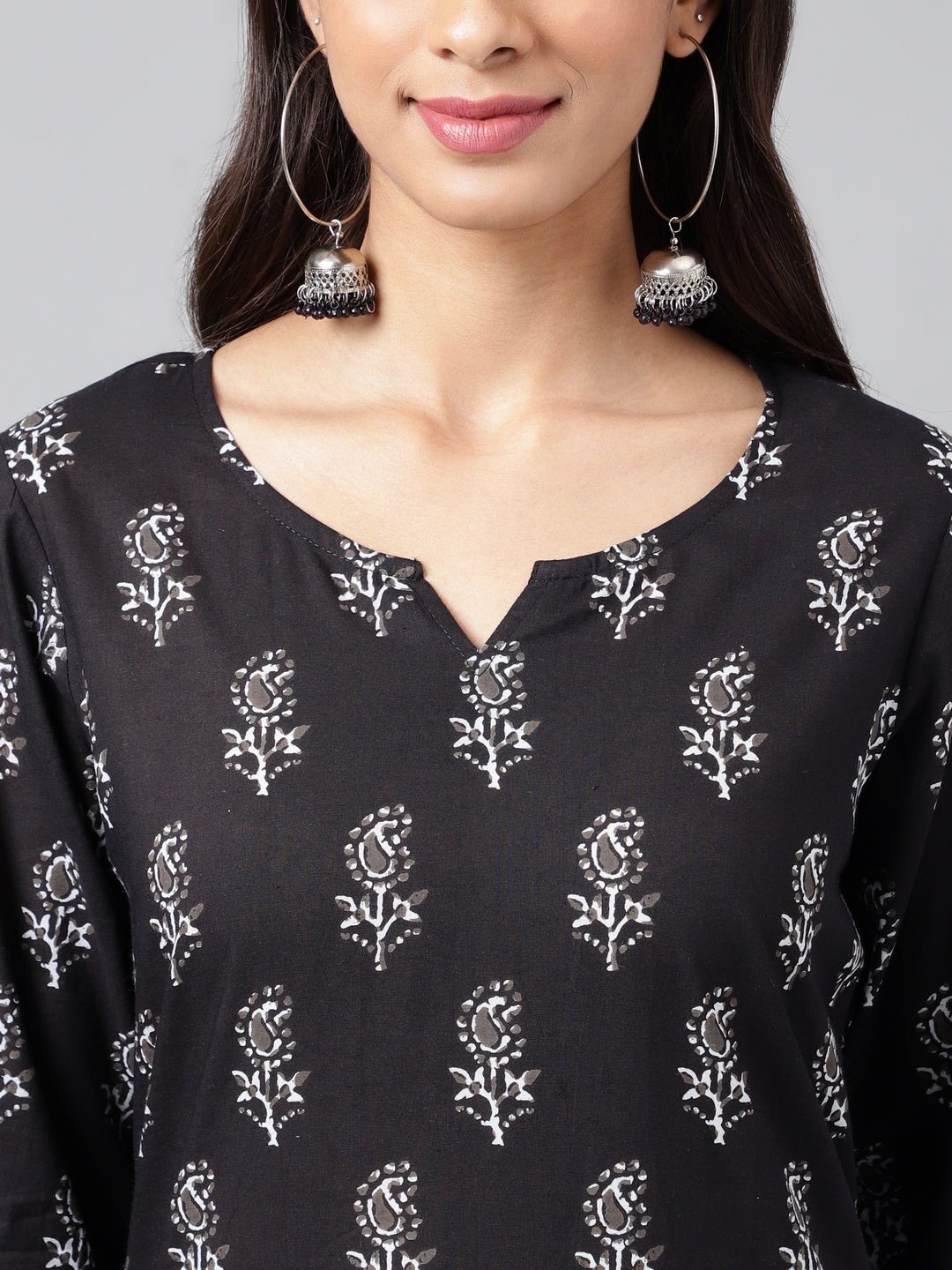 Janasya Women's Black Cotton Paisley Printed Straight Casual Kurta Set | Swadesiicart