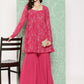 Janasya Women's Pink Georgette Foil Printed Flared Festive Short Kurta Set | Swadesiicart