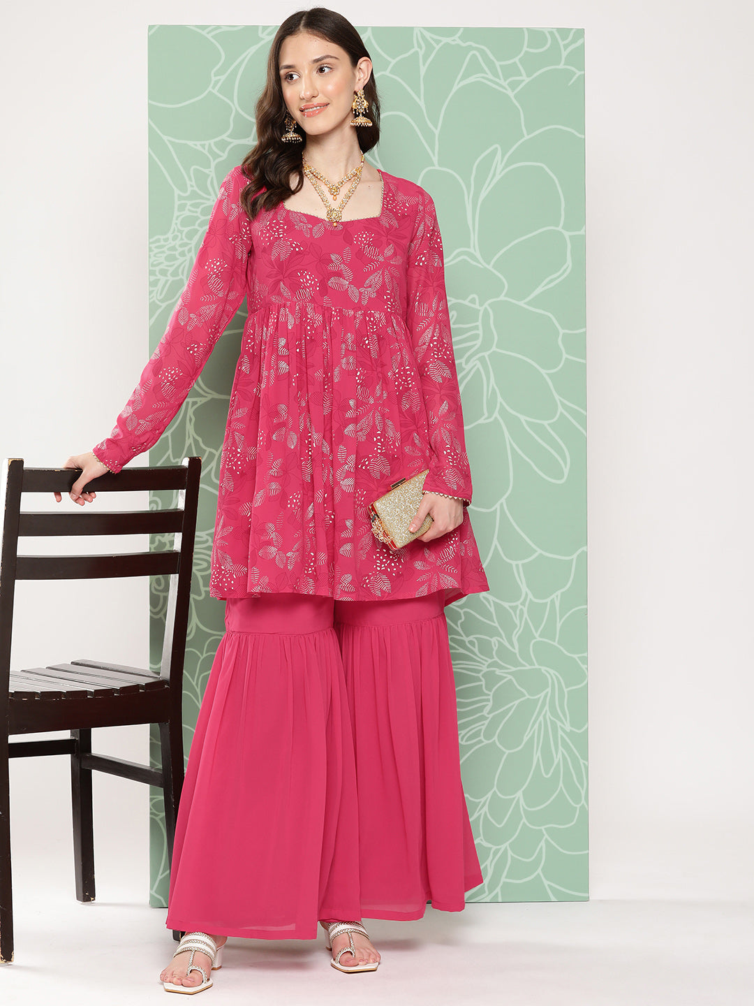 Janasya Women's Pink Georgette Foil Printed Flared Festive Short Kurta Set | Swadesiicart