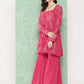 Janasya Women's Pink Georgette Foil Printed Flared Festive Short Kurta Set | Swadesiicart