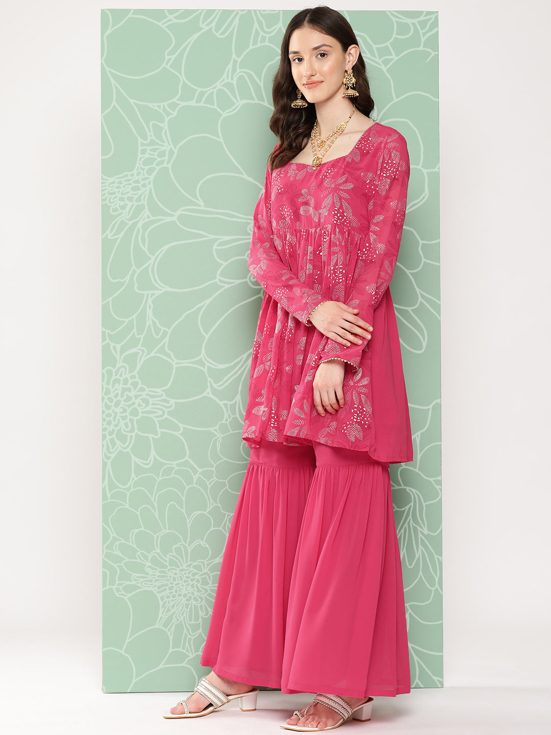 Janasya Women's Pink Georgette Foil Printed Flared Festive Short Kurta Set | Swadesiicart