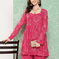 Janasya Women's Pink Georgette Foil Printed Flared Festive Short Kurta Set | Swadesiicart