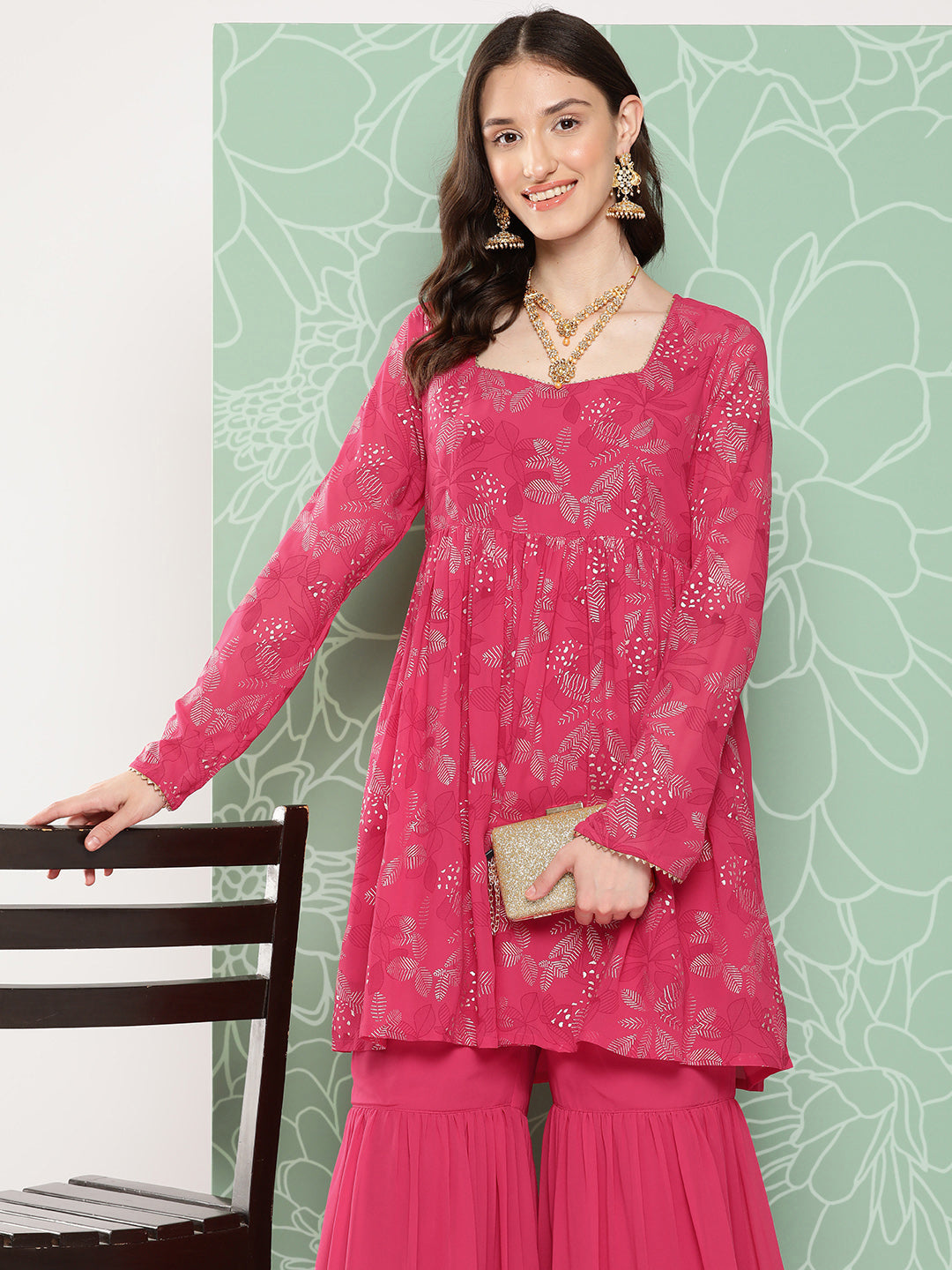 Janasya Women's Pink Georgette Foil Printed Flared Festive Short Kurta Set | Swadesiicart