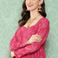 Janasya Women's Pink Georgette Foil Printed Flared Festive Short Kurta Set | Swadesiicart