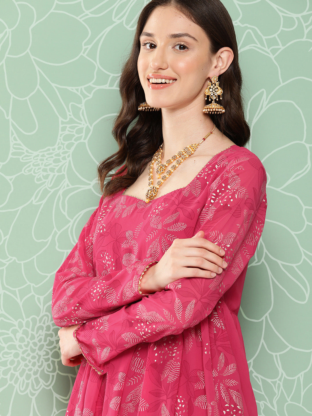 Janasya Women's Pink Georgette Foil Printed Flared Festive Short Kurta Set | Swadesiicart