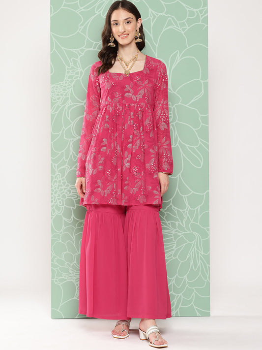 Janasya Women's Pink Georgette Foil Printed Flared Festive Short Kurta Set | Swadesiicart