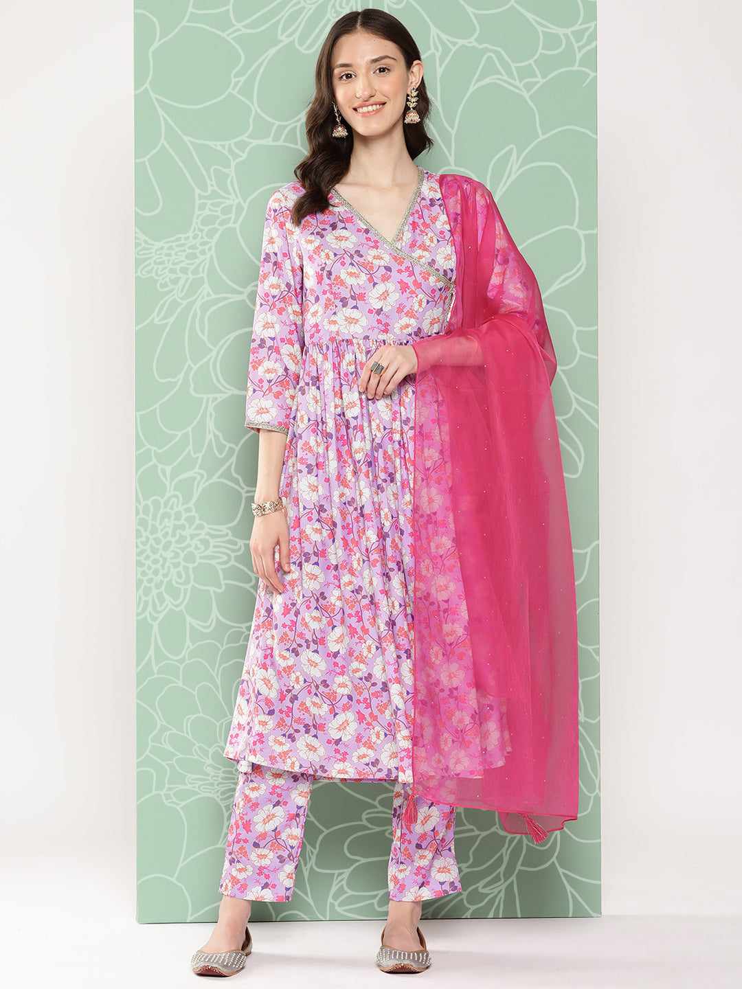Janasya Women's Lavender Moss Digital Floral Printed Angrakha Festive Kurta Set | Swadesiicart