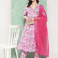 Janasya Women's Lavender Moss Digital Floral Printed Angrakha Festive Kurta Set | Swadesiicart