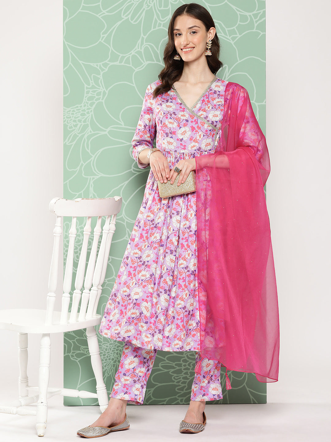 Janasya Women's Lavender Moss Digital Floral Printed Angrakha Festive Kurta Set | Swadesiicart