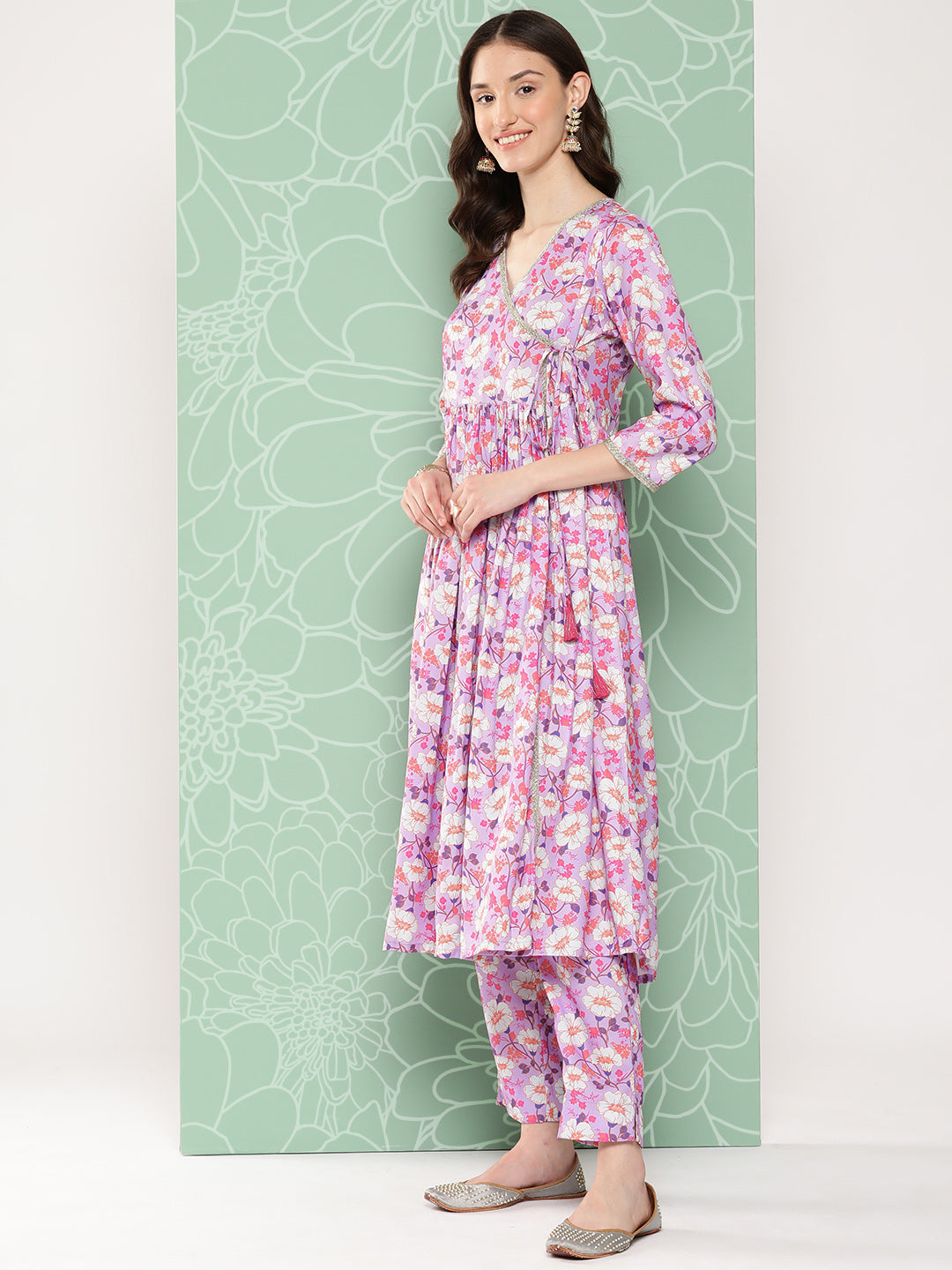 Janasya Women's Lavender Moss Digital Floral Printed Angrakha Festive Kurta Set | Swadesiicart