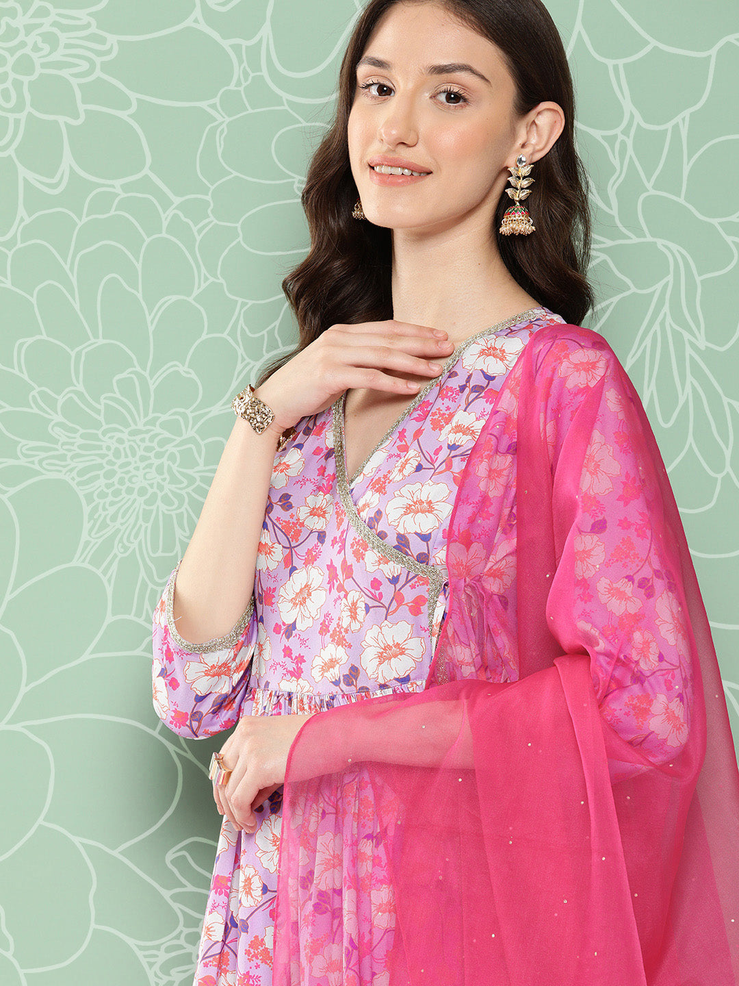 Janasya Women's Lavender Moss Digital Floral Printed Angrakha Festive Kurta Set | Swadesiicart