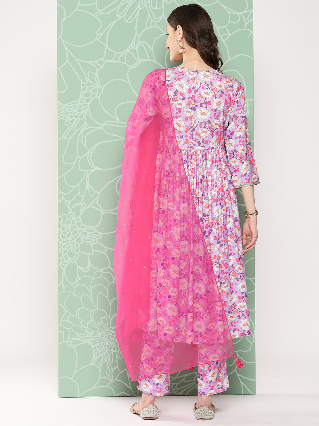Janasya Women's Lavender Moss Digital Floral Printed Angrakha Festive Kurta Set | Swadesiicart
