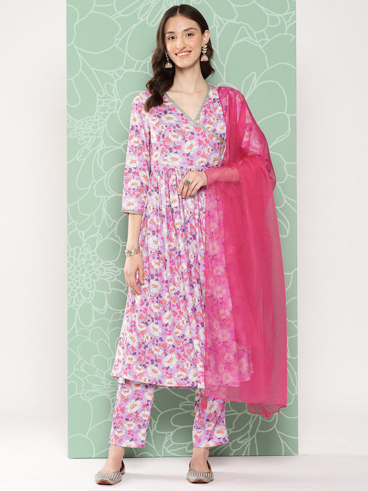 Janasya Women's Lavender Moss Digital Floral Printed Angrakha Festive Kurta Set | Swadesiicart