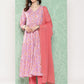 Janasya Women's Lavender Moss Digital Floral Printed Tiered Festive Kurta Set | Swadesiicart