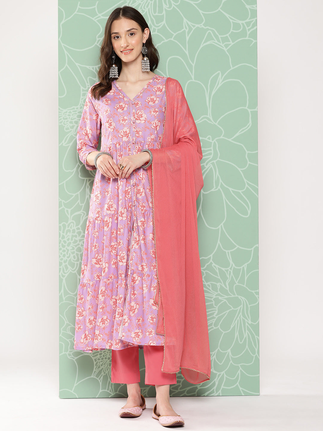Janasya Women's Lavender Moss Digital Floral Printed Tiered Festive Kurta Set | Swadesiicart