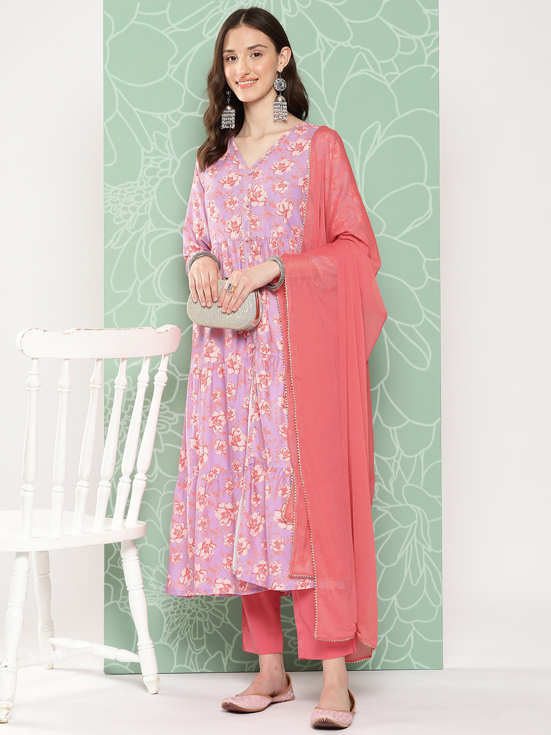 Janasya Women's Lavender Moss Digital Floral Printed Tiered Festive Kurta Set | Swadesiicart