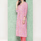 Janasya Women's Lavender Moss Digital Floral Printed Tiered Festive Kurta Set | Swadesiicart