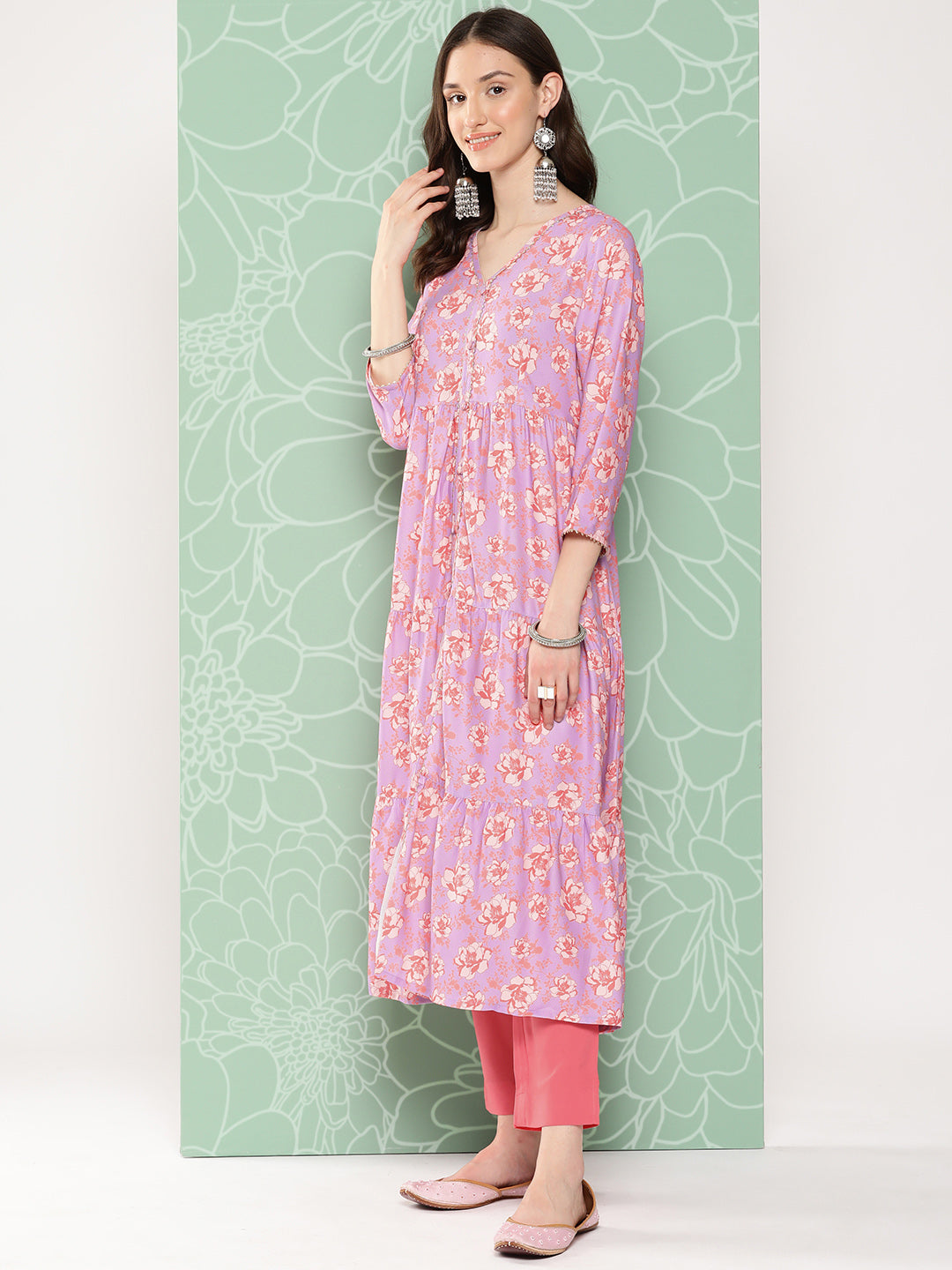 Janasya Women's Lavender Moss Digital Floral Printed Tiered Festive Kurta Set | Swadesiicart