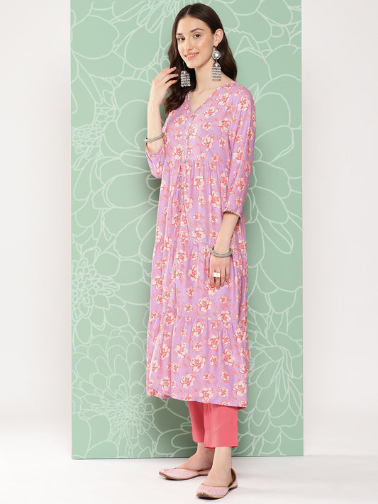 Janasya Women's Lavender Moss Digital Floral Printed Tiered Festive Kurta Set | Swadesiicart