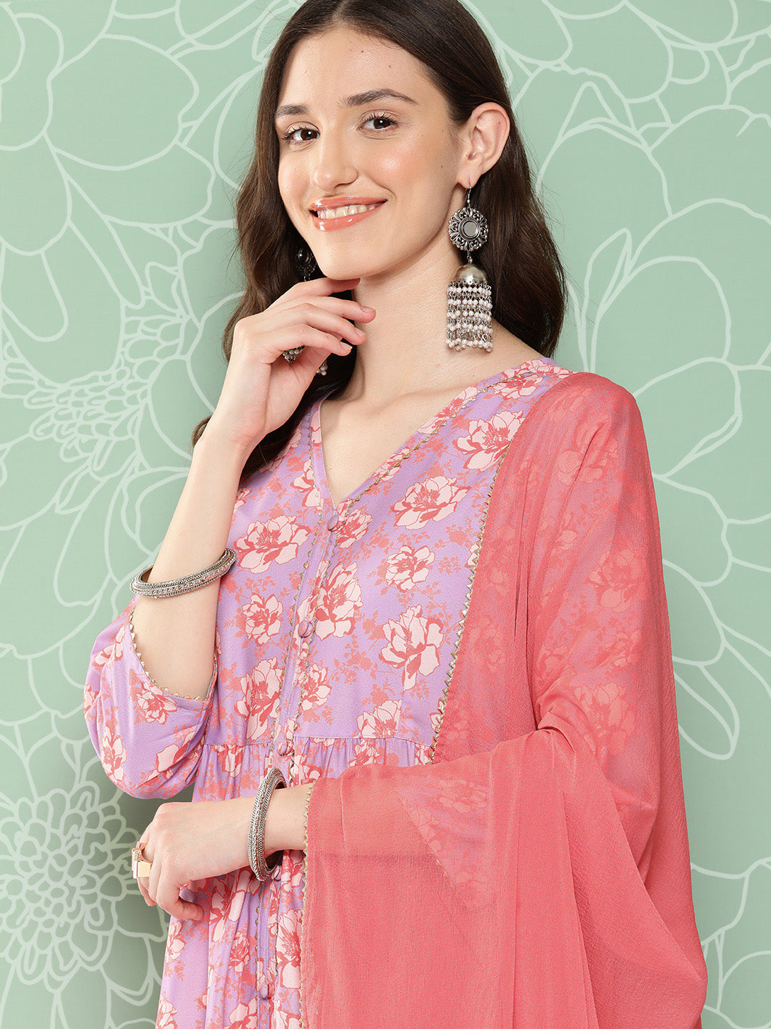 Janasya Women's Lavender Moss Digital Floral Printed Tiered Festive Kurta Set | Swadesiicart