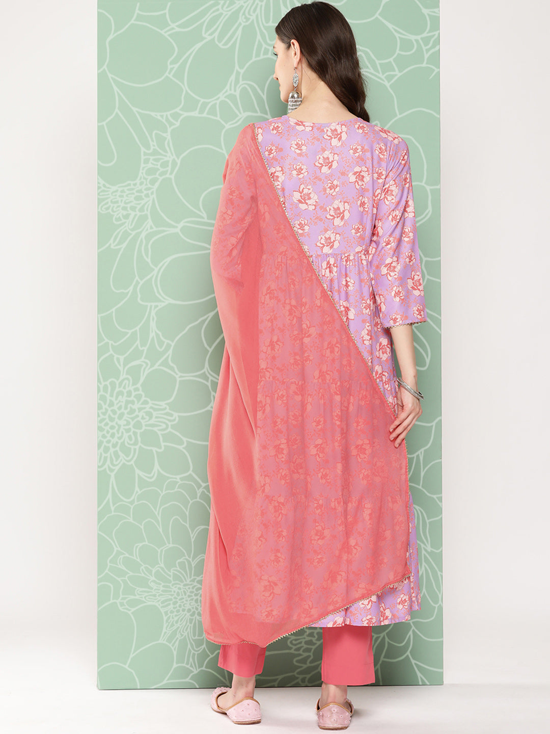 Janasya Women's Lavender Moss Digital Floral Printed Tiered Festive Kurta Set | Swadesiicart