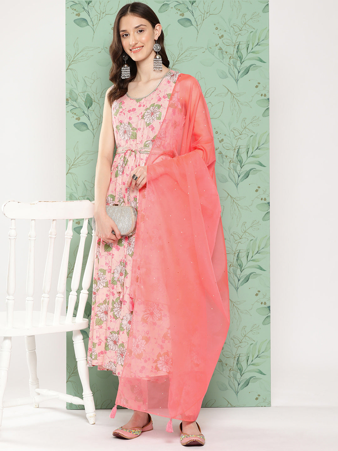 Janasya Women's Peach Moss Digital Floral Printed Flared Festive Kurta Set - Swadesiicart